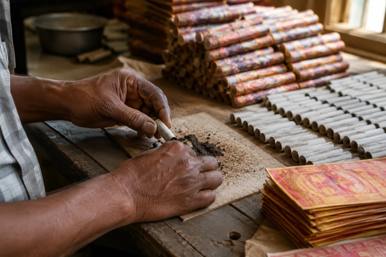 A craftsman filling paper fireworks tubes by hand at a workbench, with printed wrappers and finished tubes stacked alongside