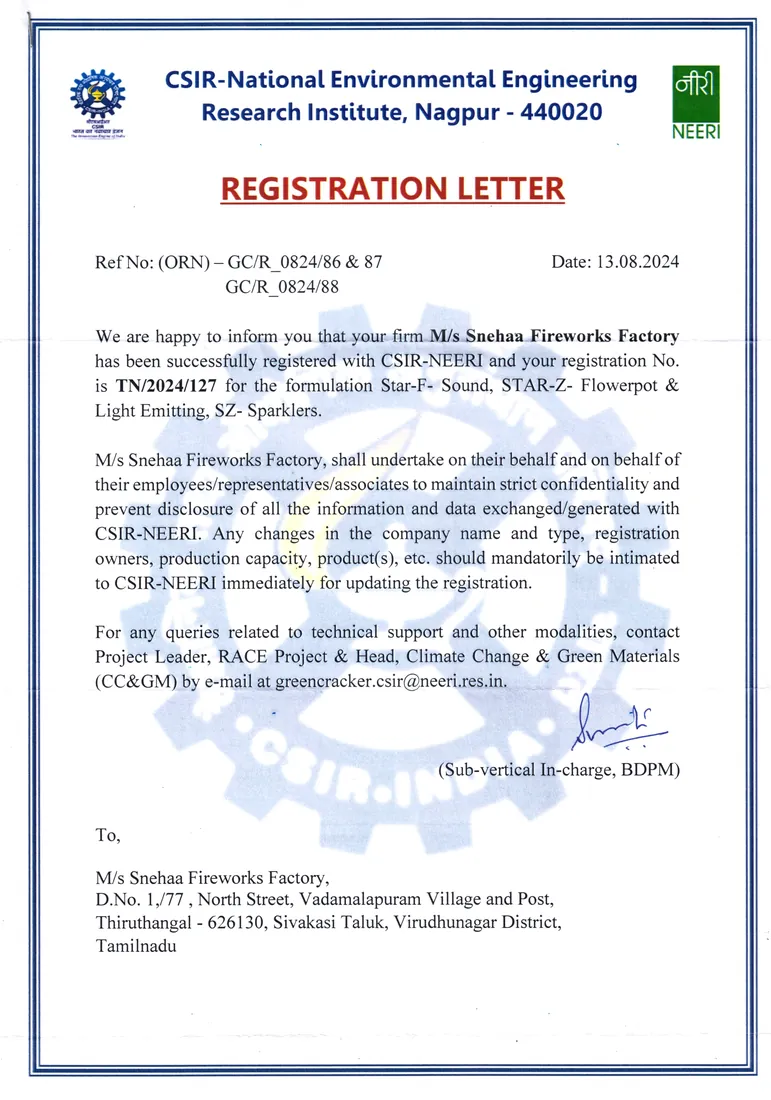 Snehaa Fireworks Factory — CSIR–NEERI registration TN/2024/127 · issued 13.08.2024